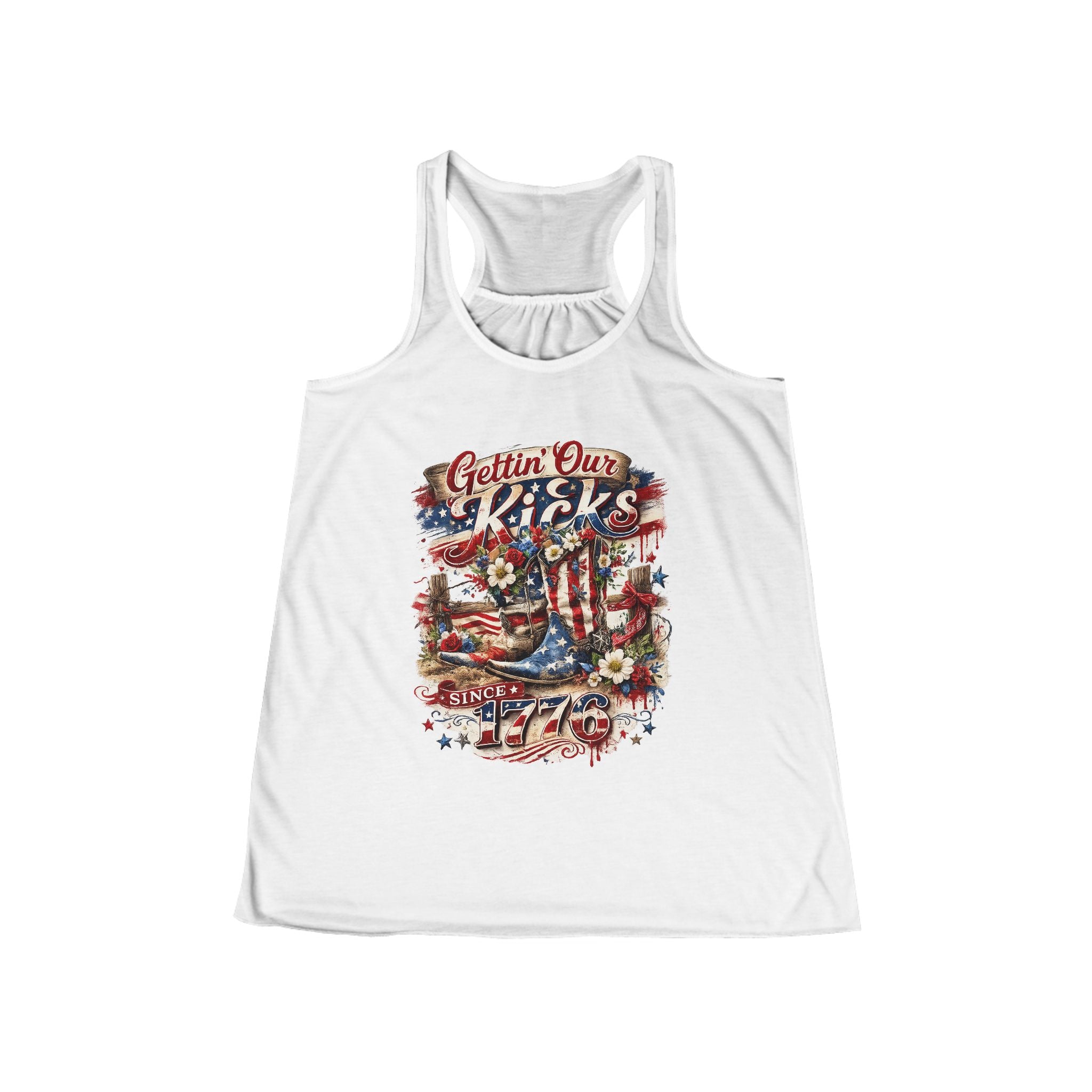 Gettin Our Kicks Cowgirl Boots Women's Flowy Racerback Tank
