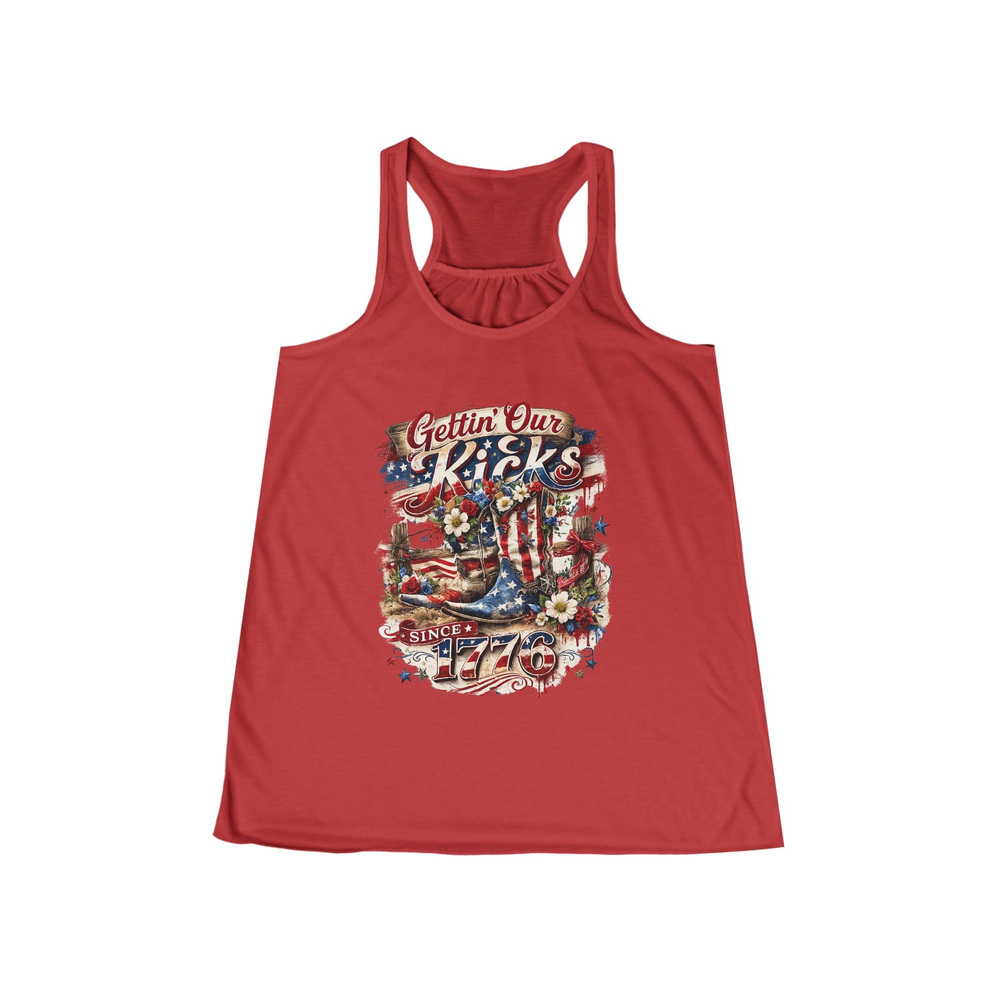 Gettin Our Kicks Cowgirl Boots Women's Flowy Racerback Tank