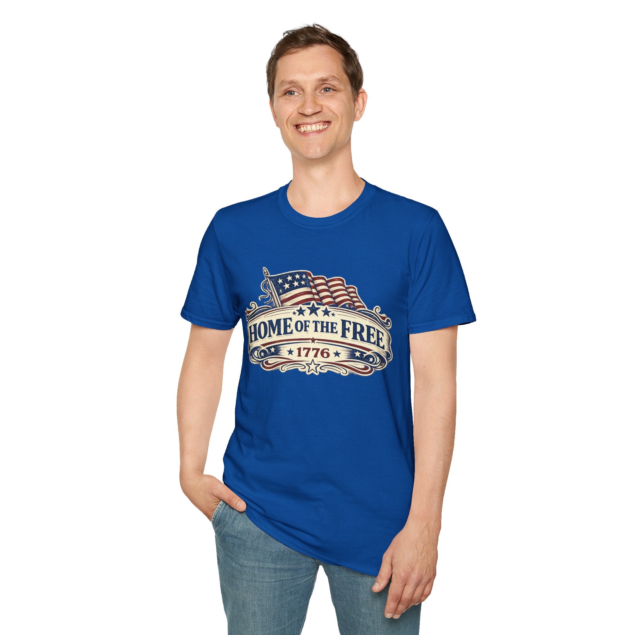 T-Shirt — "Home of the Free 1776" Vintage American Flag Patriotic Tee