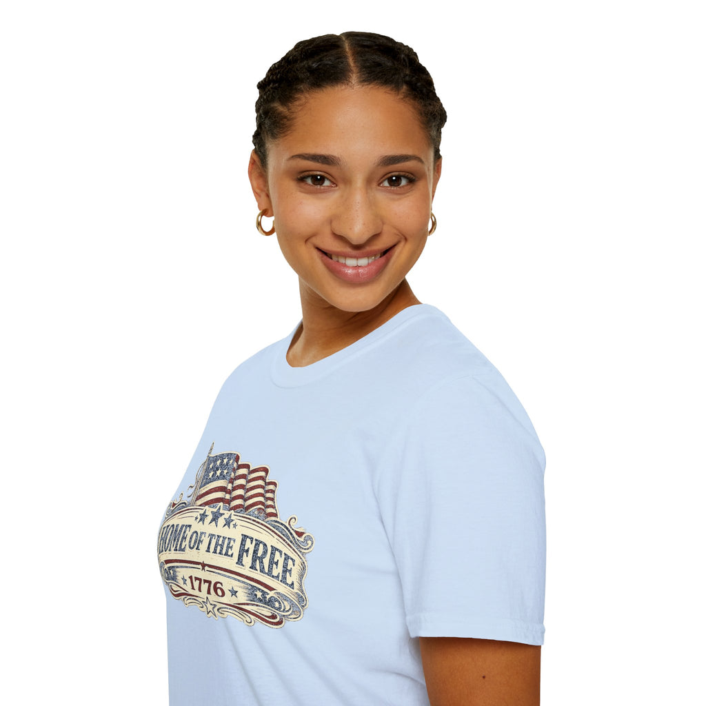 T-Shirt — "Home of the Free 1776" Vintage American Flag Patriotic Tee